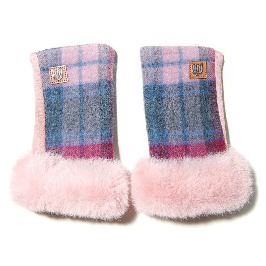 Guanti senza dita da donna in lana d'agnello: Pink and Blue Tartan